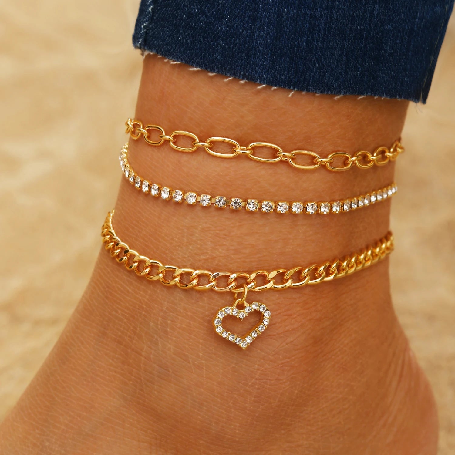 VKME New Design Tennis Chain Heart Cuban Chain Anklet for Women Jewelry