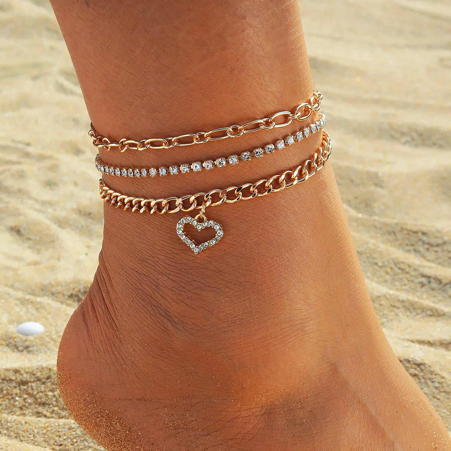 VKME New Design Tennis Chain Heart Cuban Chain Anklet for Women Jewelry