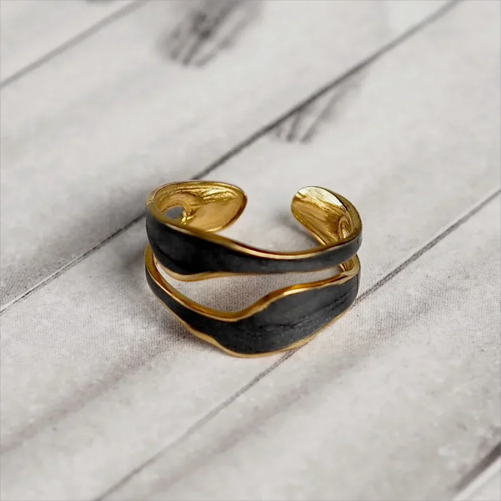 1/3PCS Adjustable White Black Cuff  Stainless Steel Ring Irregular Double Layer Chunky Stackable Open Rings For Women Jewelry