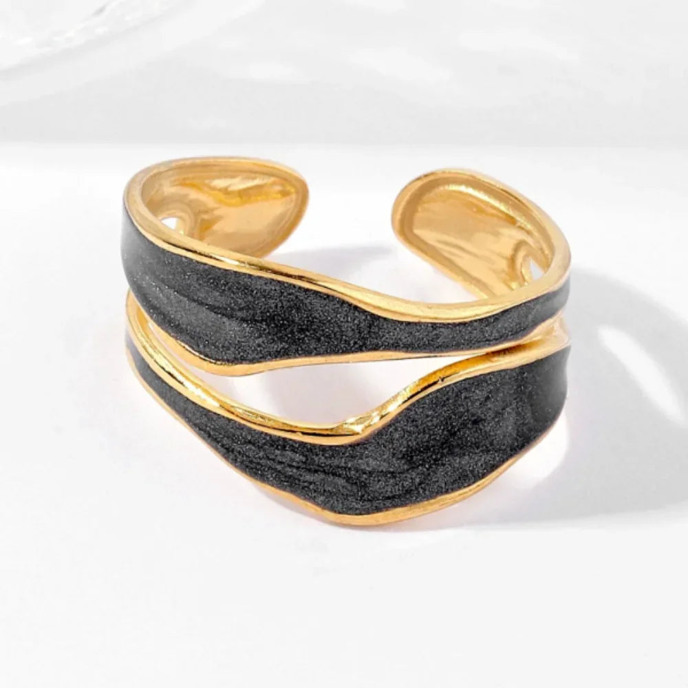 1/3PCS Adjustable White Black Cuff  Stainless Steel Ring Irregular Double Layer Chunky Stackable Open Rings For Women Jewelry