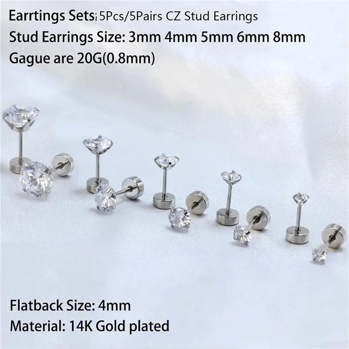 3/5/6/10pcs Hypoallergenic Stainless Steel Flat Back Stud Cartilage Earrings,Cubic Zerconia Daith Tragus Rook Screw Back Earings