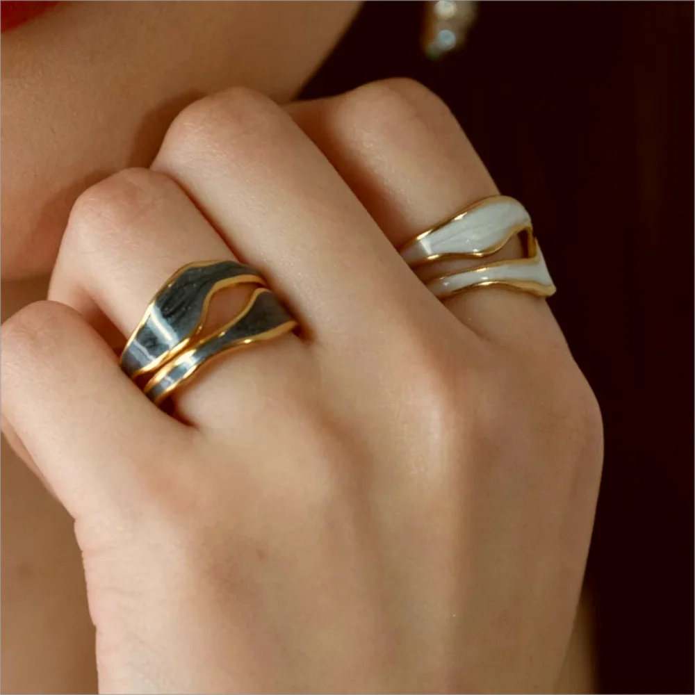 1/3PCS Adjustable White Black Cuff  Stainless Steel Ring Irregular Double Layer Chunky Stackable Open Rings For Women Jewelry