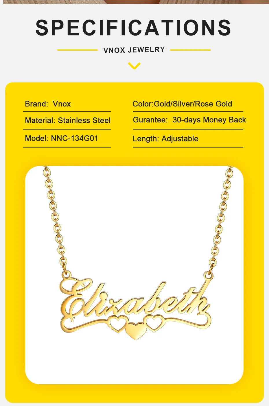Vnox Custom Names Necklaces for Women Girls, Gold Color Stainless Steel Personalized Heart Love Pendant Collar,Gifts for Her