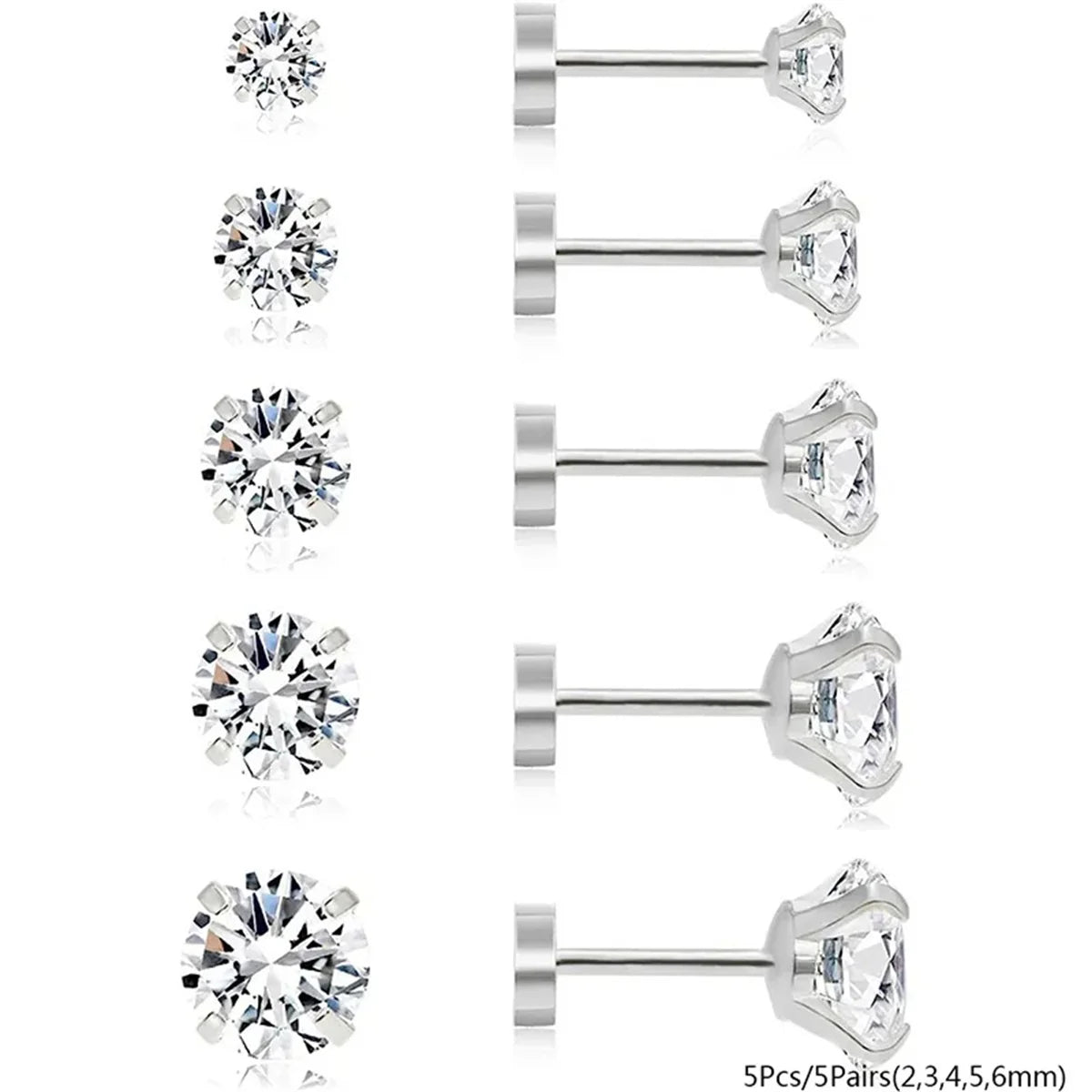 3/5/6/10pcs Hypoallergenic Stainless Steel Flat Back Stud Cartilage Earrings,Cubic Zerconia Daith Tragus Rook Screw Back Earings