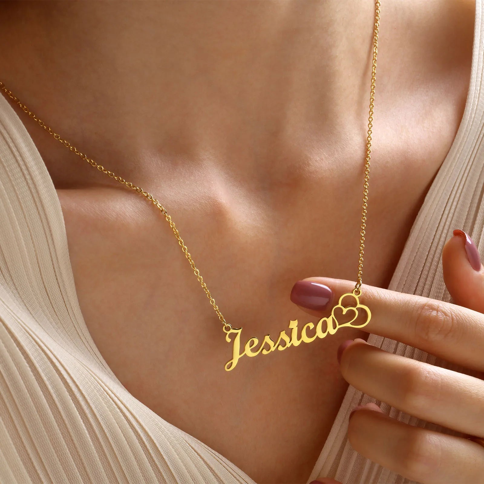 Vnox Custom Names Necklaces for Women Girls, Gold Color Stainless Steel Personalized Heart Love Pendant Collar,Gifts for Her