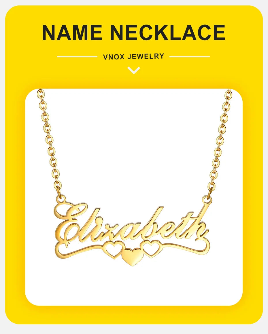 Vnox Custom Names Necklaces for Women Girls, Gold Color Stainless Steel Personalized Heart Love Pendant Collar,Gifts for Her