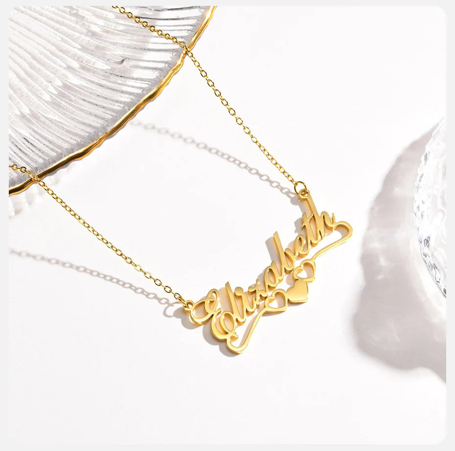 Vnox Custom Names Necklaces for Women Girls, Gold Color Stainless Steel Personalized Heart Love Pendant Collar,Gifts for Her