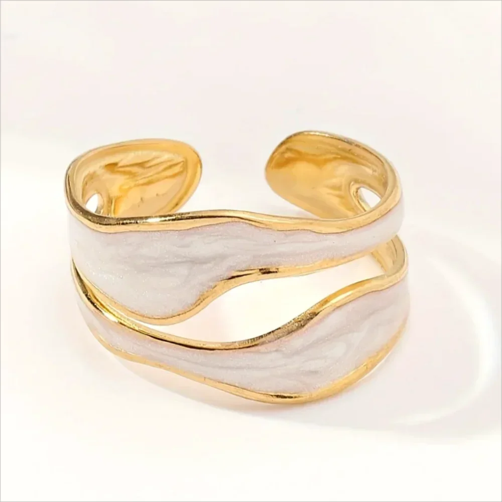 1/3PCS Adjustable White Black Cuff  Stainless Steel Ring Irregular Double Layer Chunky Stackable Open Rings For Women Jewelry