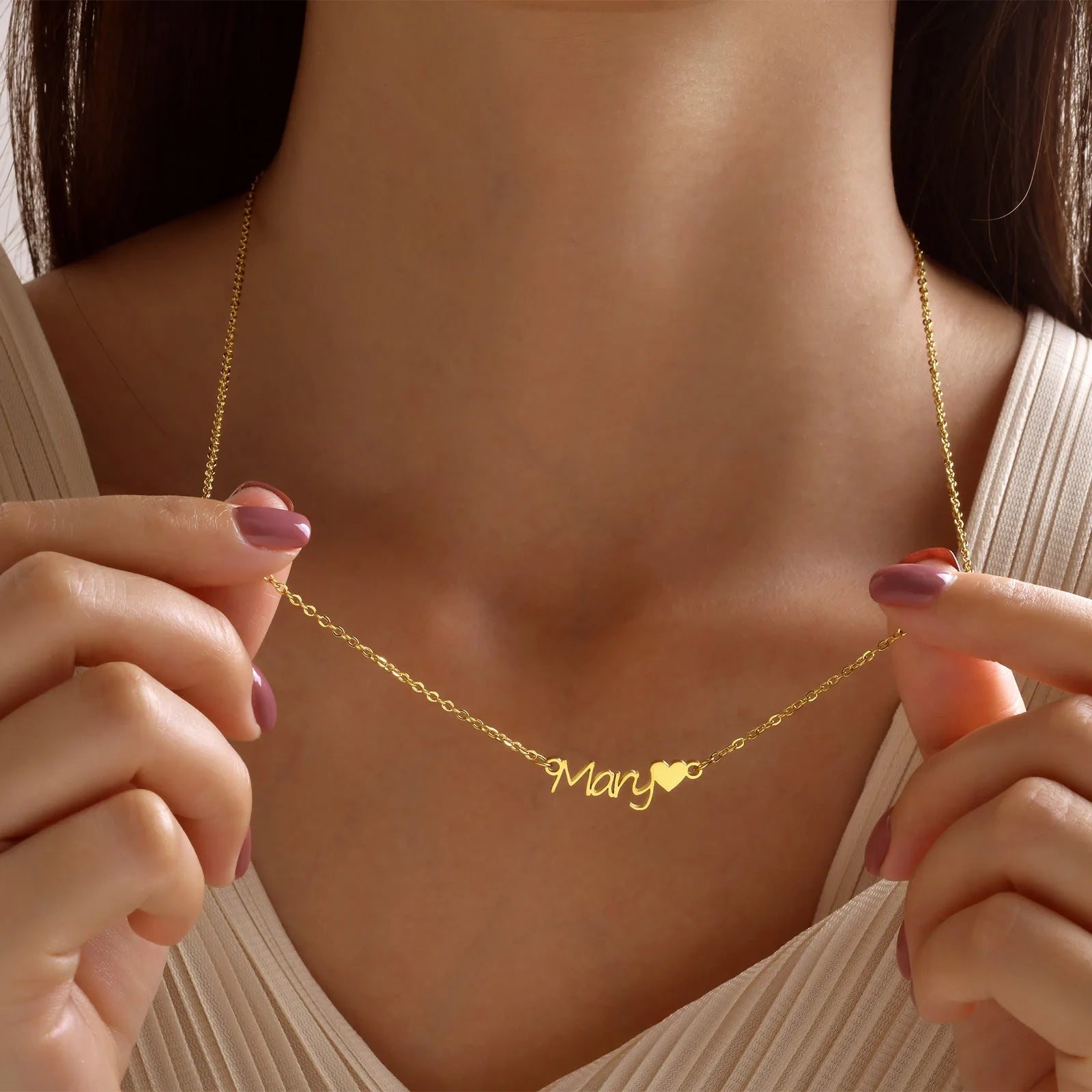 Vnox Custom Names Necklaces for Women Girls, Gold Color Stainless Steel Personalized Heart Love Pendant Collar,Gifts for Her