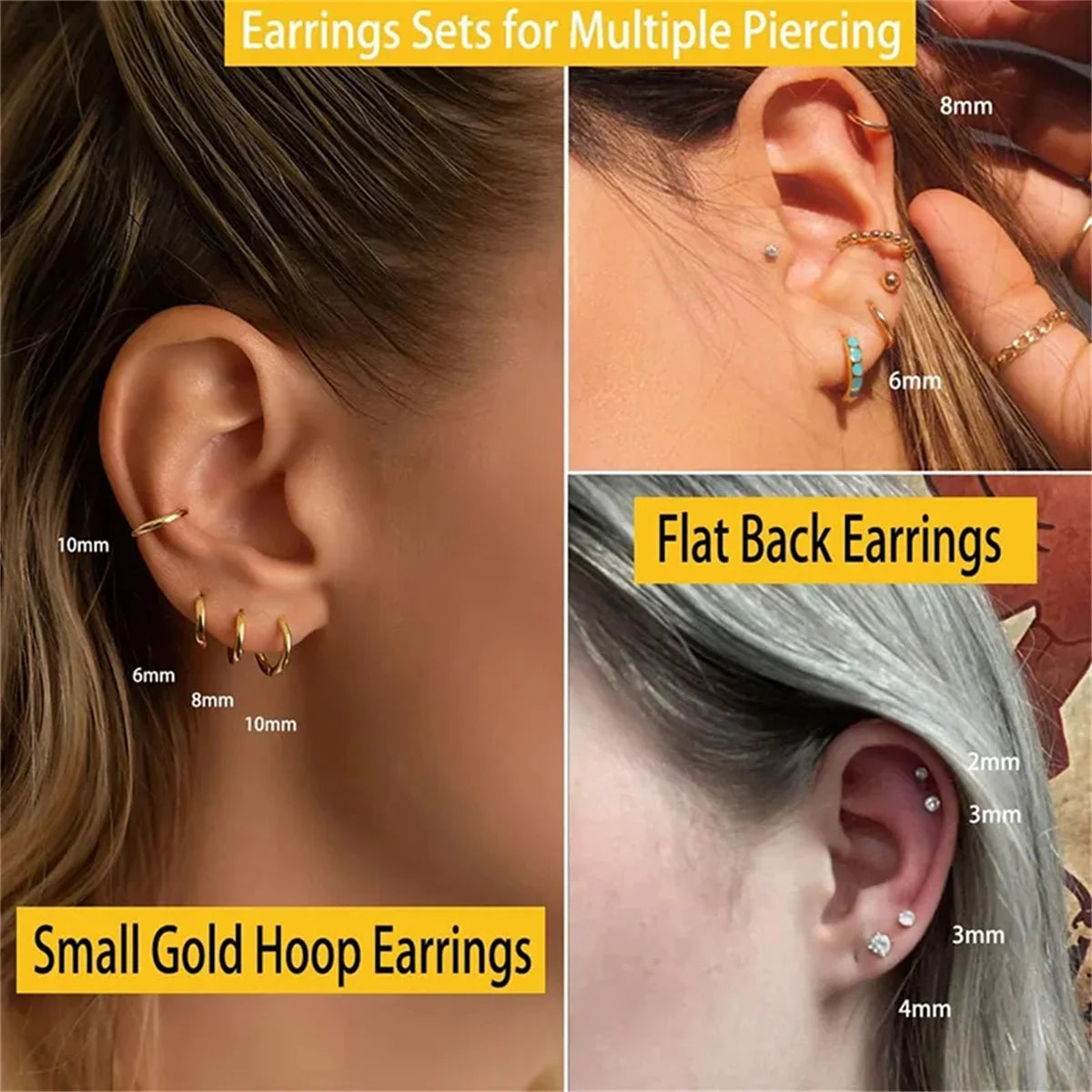 3/5/6/10pcs Hypoallergenic Stainless Steel Flat Back Stud Cartilage Earrings,Cubic Zerconia Daith Tragus Rook Screw Back Earings