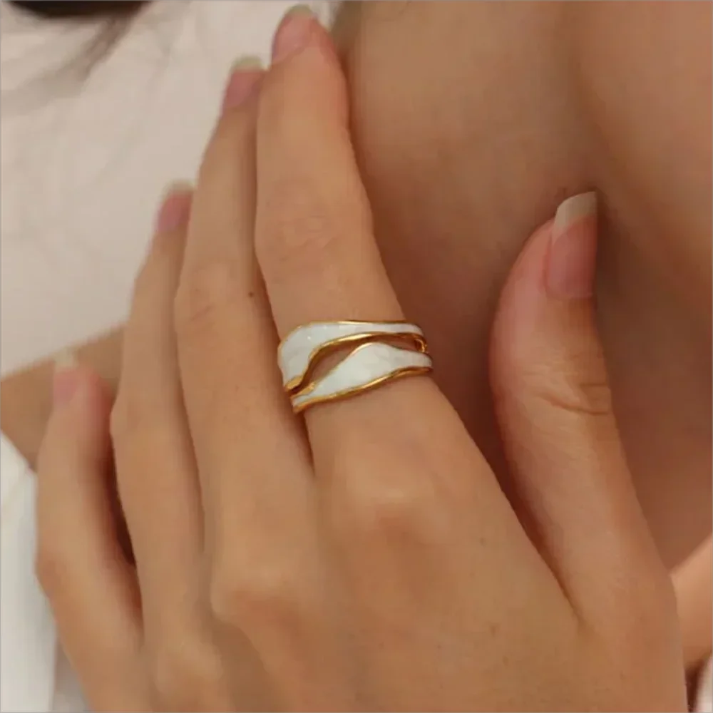 1/3PCS Adjustable White Black Cuff  Stainless Steel Ring Irregular Double Layer Chunky Stackable Open Rings For Women Jewelry