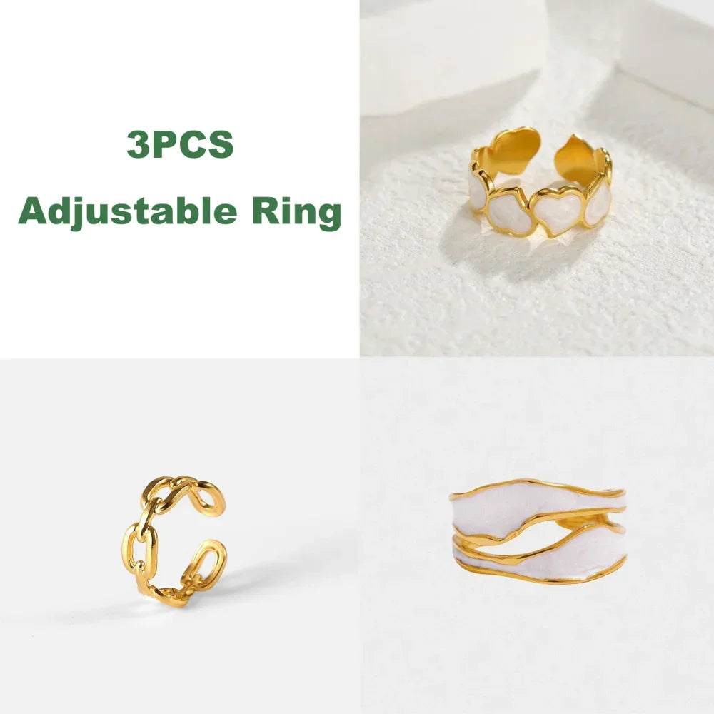 1/3PCS Adjustable White Black Cuff  Stainless Steel Ring Irregular Double Layer Chunky Stackable Open Rings For Women Jewelry