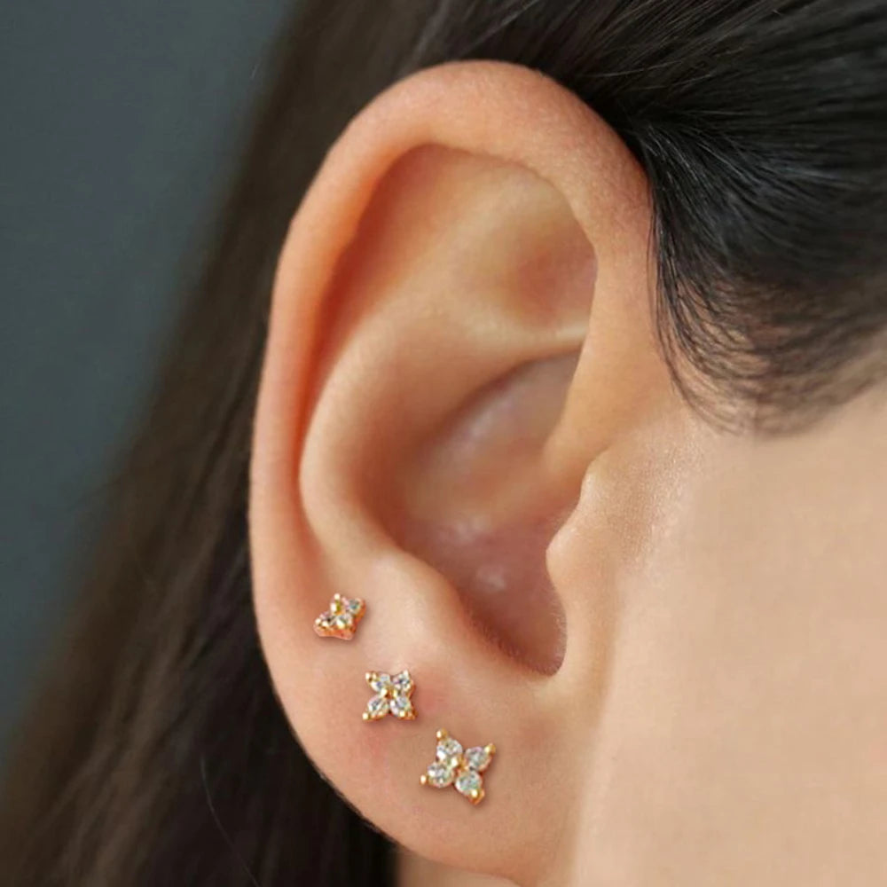 Mariasz Minimalist Dainty Flower Stud Earrings for Women Piercing Cartilage Ear Ring Cute Zircon Gold Color Clover Jewelry Gift