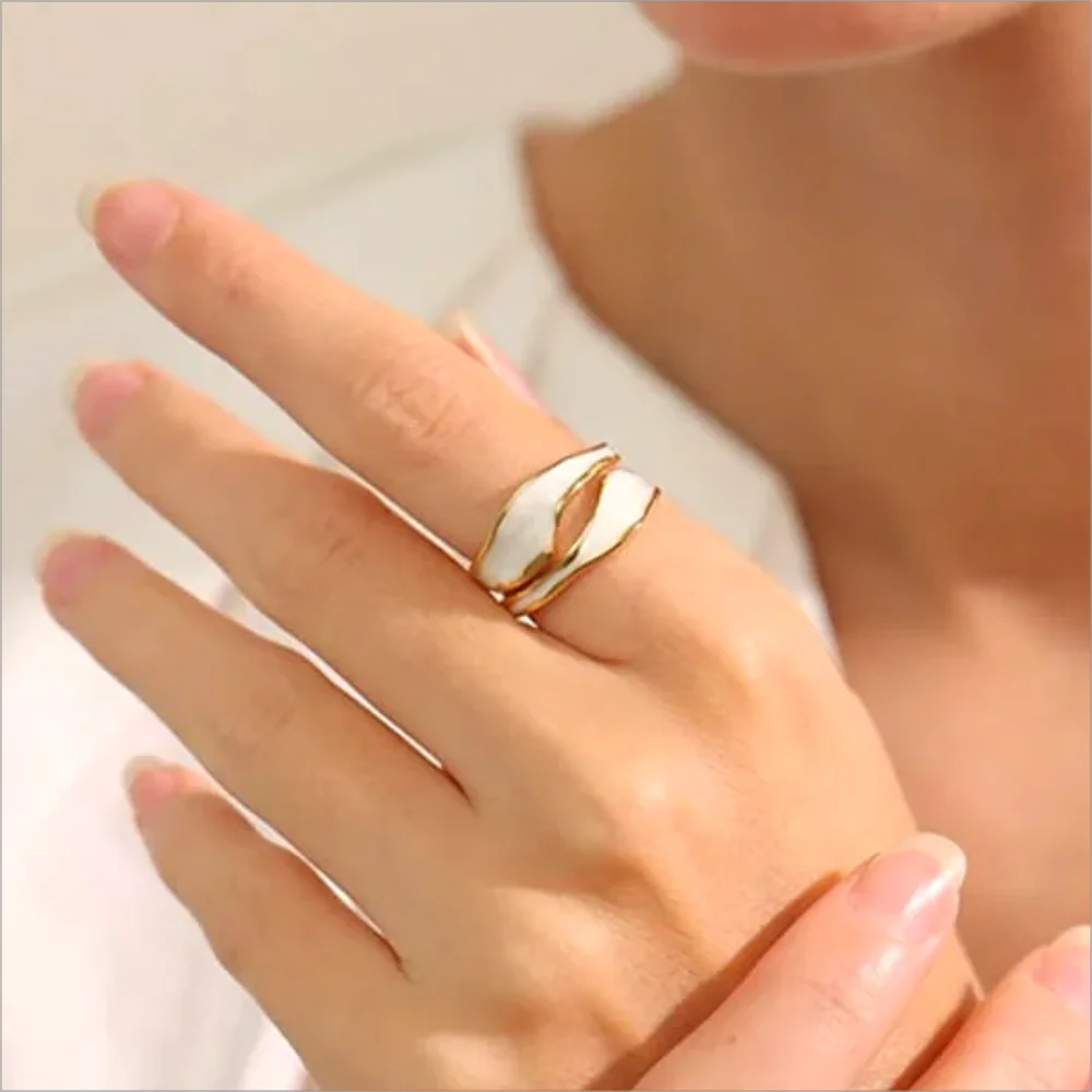 1/3PCS Adjustable White Black Cuff  Stainless Steel Ring Irregular Double Layer Chunky Stackable Open Rings For Women Jewelry