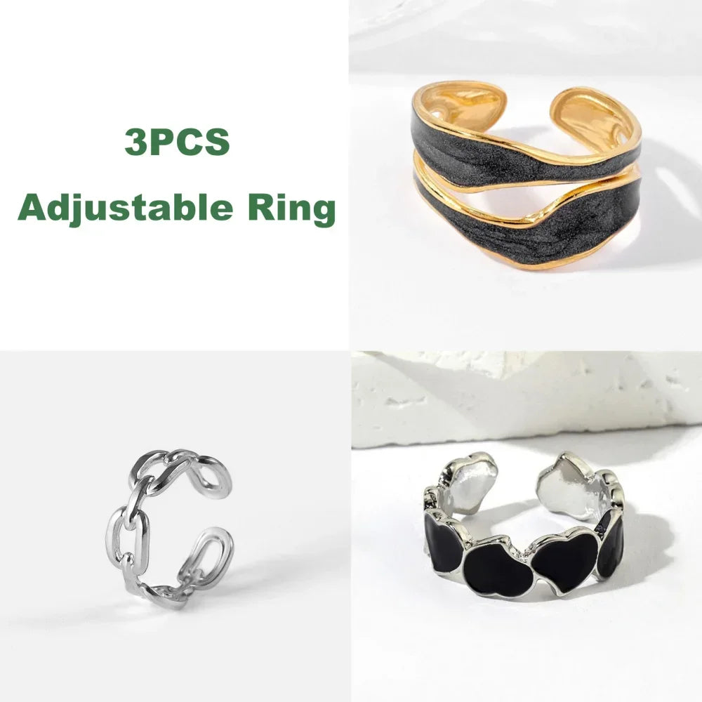1/3PCS Adjustable White Black Cuff  Stainless Steel Ring Irregular Double Layer Chunky Stackable Open Rings For Women Jewelry