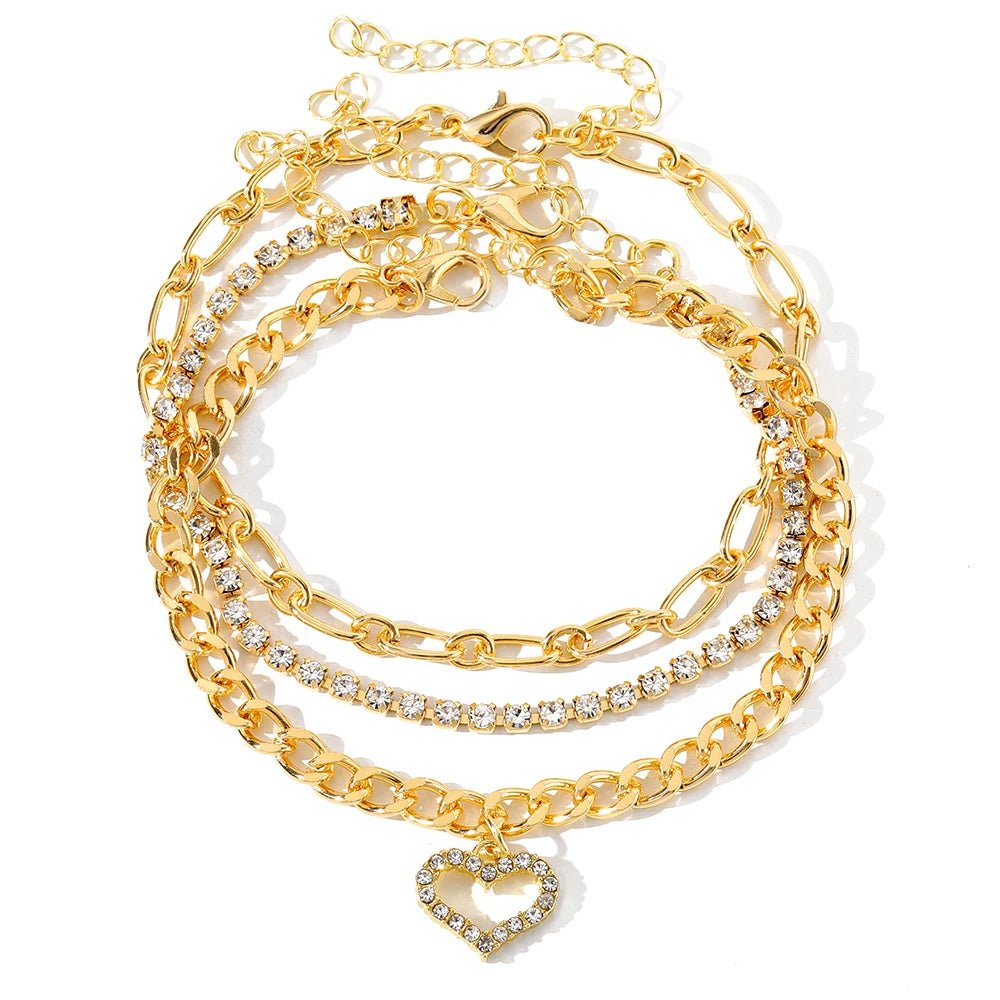 VKME New Design Tennis Chain Heart Cuban Chain Anklet for Women Jewelry
