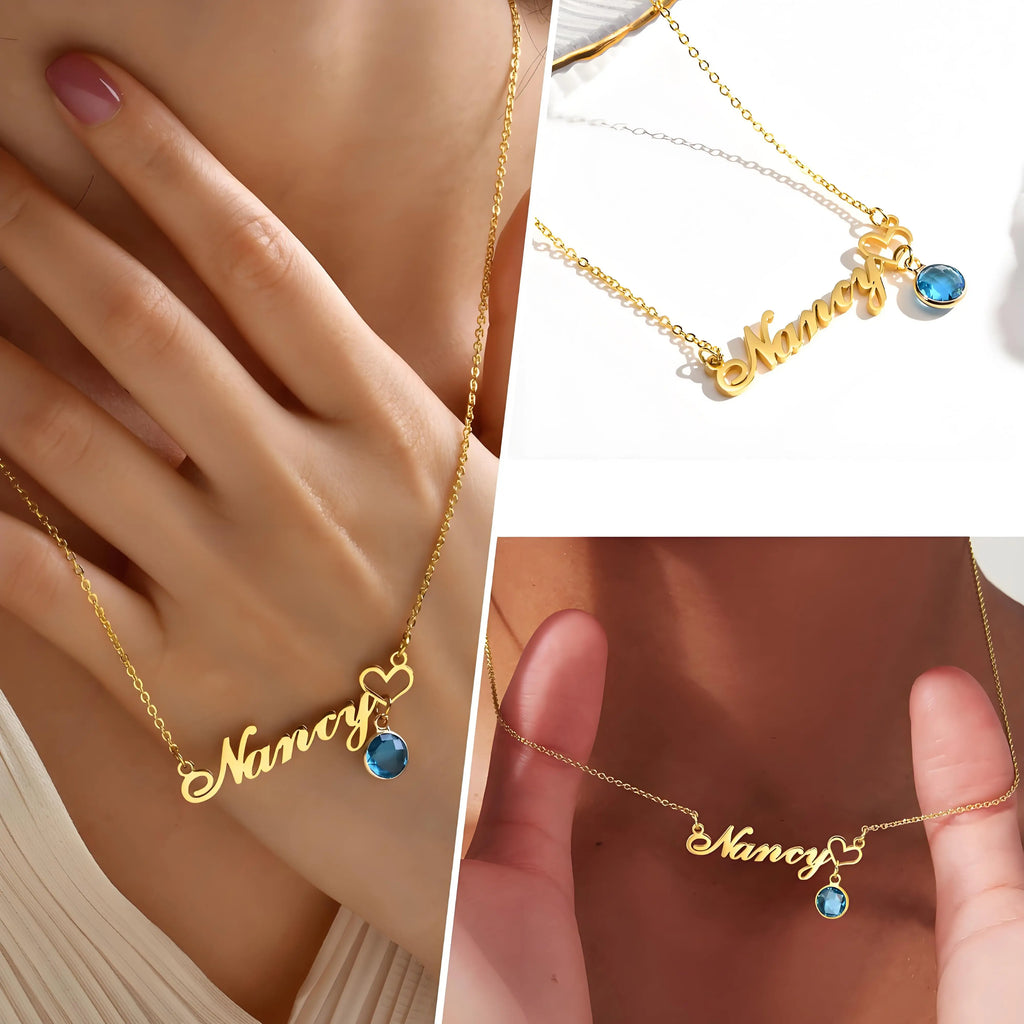 Personalized Gold - Plated Name Necklace with Birthstone Pendant, Customizable Jewelry for Women, Ideal Gift for Occasions